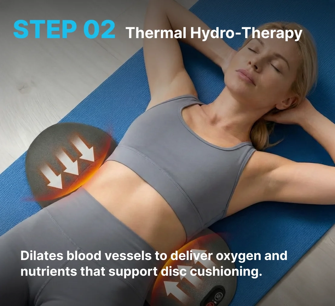 Woman stretching her back at home with the Back Restore device.